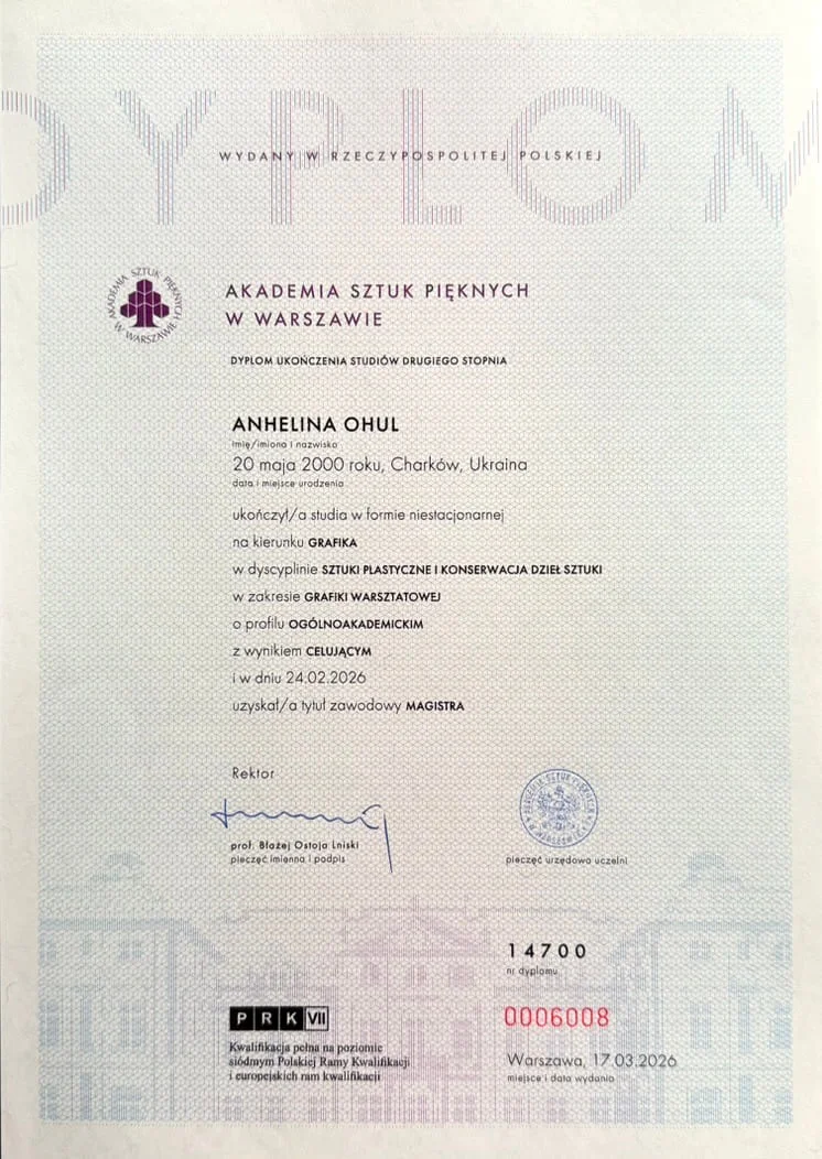 Dyplom magisterski Akademii Sztuk Pięknych w Warszawie