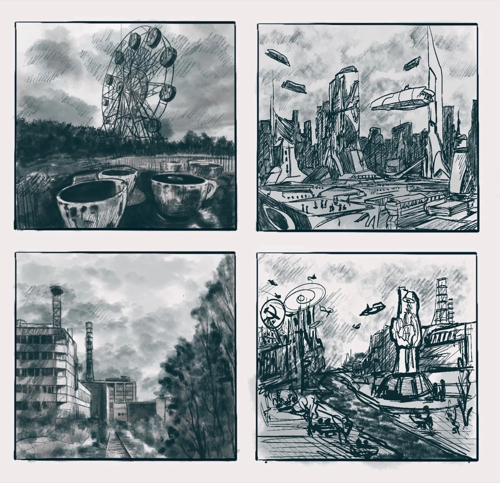 Cztery kadry storyboardu w szarościach: opuszczony diabelski młyn, futurystyczne miasto, elektrownia i plac z pomnikiem